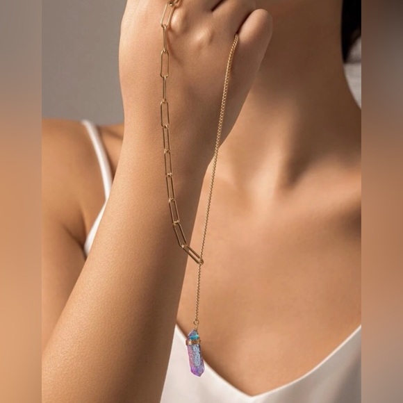 New Rainbow Aura Crystal Quartz Lariat Dual Copper Chain Necklace | Y Shape - Picture 4 of 15